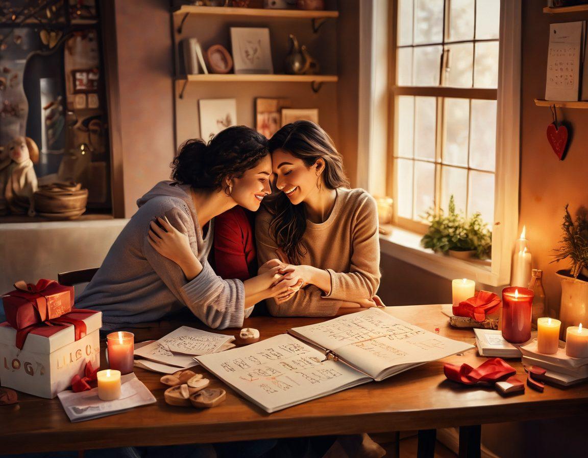 A cozy scene depicting diverse individuals exchanging heartfelt gestures, such as hugs, quality time, and thoughtful gifts, surrounded by symbols representing different love languages. Warm color tones to evoke a sense of closeness and support, with soft lighting creating an intimate atmosphere. Include elements like a handwritten letter and a calendar marked with special dates. painting. warm colors. soft focus.