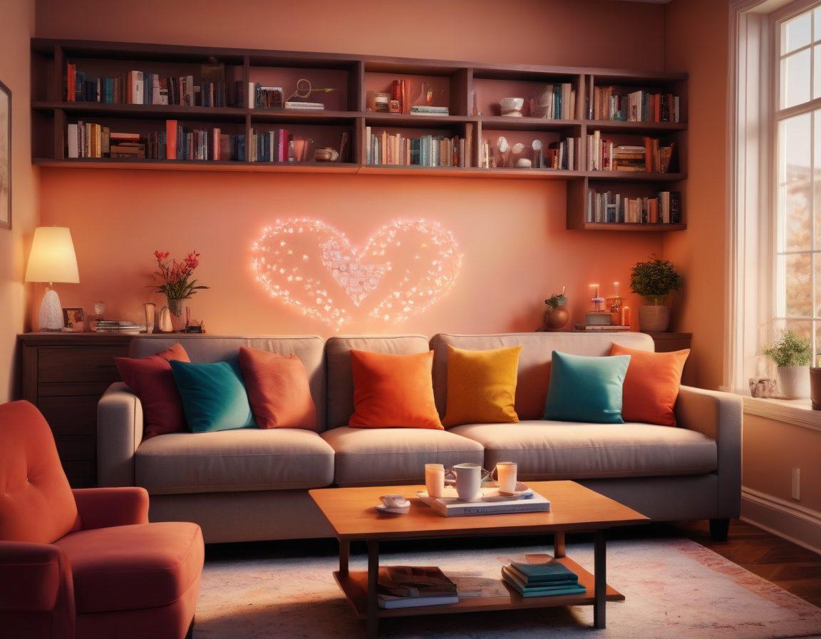 A cozy, warm scene featuring a couple sitting together on a couch, discussing their love languages with vibrant heart symbols floating around them. Soft lighting emphasizes their emotional connection, while a bookshelf filled with relationship books can be seen in the background. Include a cup of tea on a small table to symbolize intimacy. super-realistic. vibrant colors.