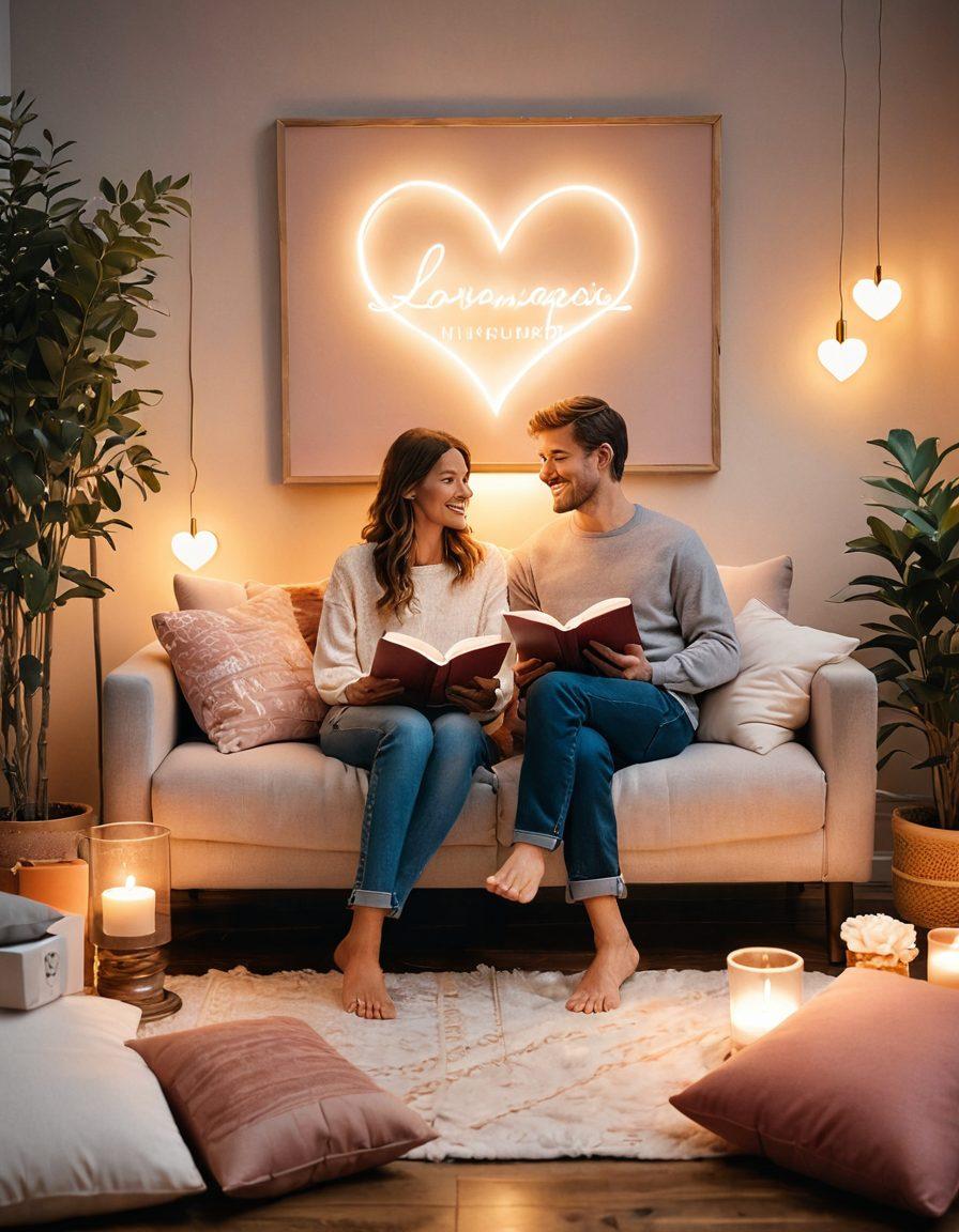 A cozy living room scene featuring a couple sitting close together, each holding a book about love languages, surrounded by warm lighting and soft pillows. Ethereal heart-shaped icons float above them, representing different love languages like words of affirmation, gifts, and quality time. The background includes subtle hints of nature, symbolizing growth and connection. soft illustration. warm tones. cozy atmosphere.